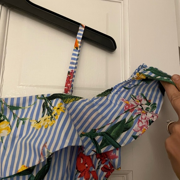 PinkBlush Maternity Blue Striped Floral Open Shoulder Dress - Picture 2 of 4